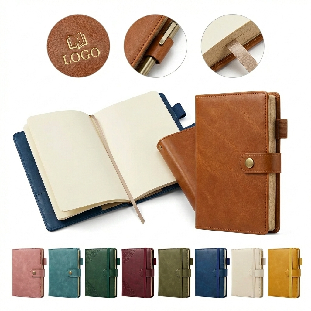 A5 Textured PU Leather Notebook with Snap Closure and 80 Lined Pages