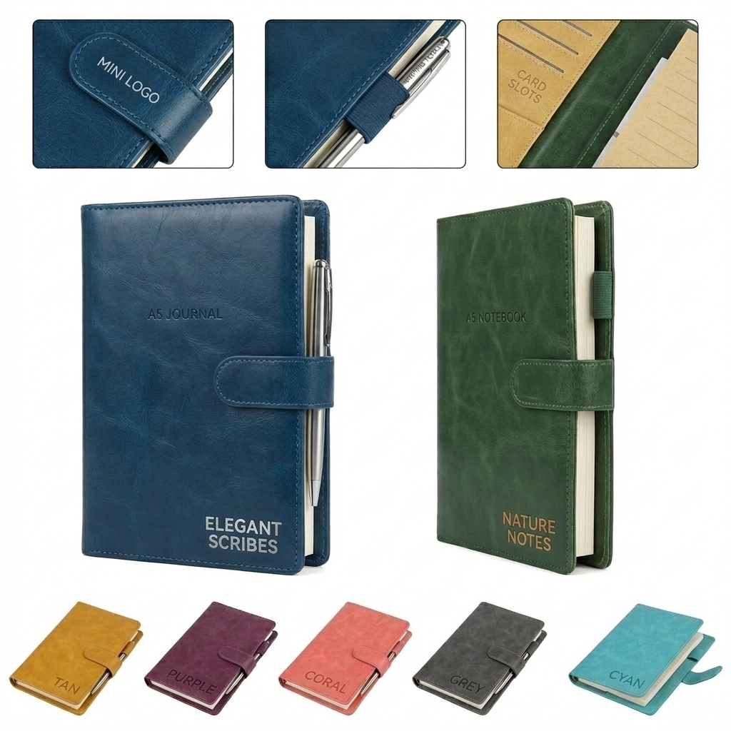 A5 Premium PU Leather Journal with Magnetic Closure and 6-Ring Stainless Steel Binder