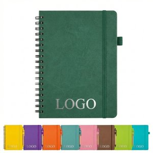A5 Coiled Notebook with Leather-Textured Dark Green Cover & No-Bleed Paper